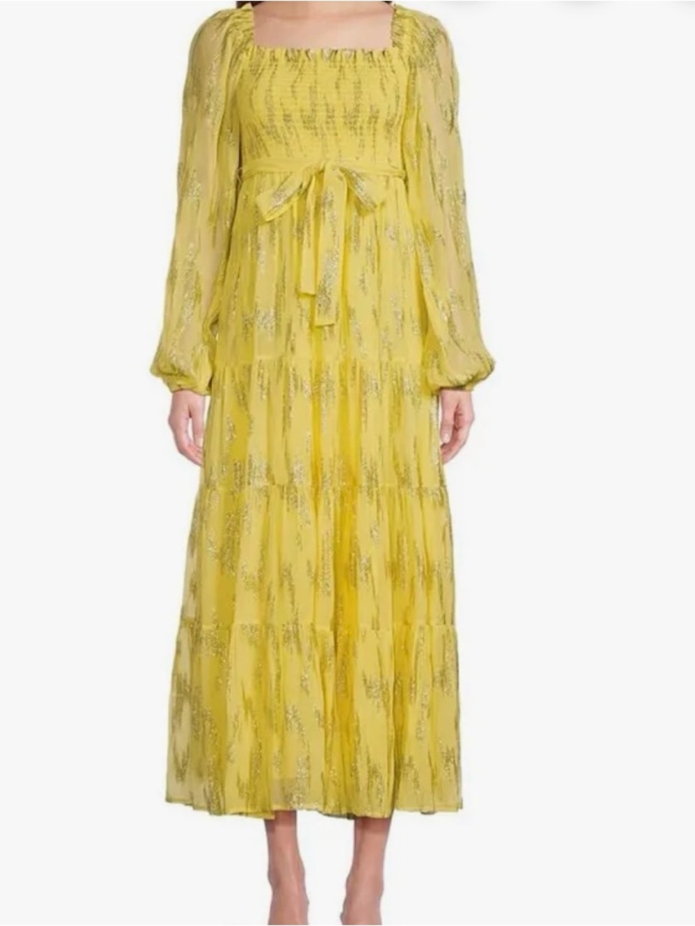 Yellow & Gold Dress— Smocked, belted withMetallic thread throughout by a loves a